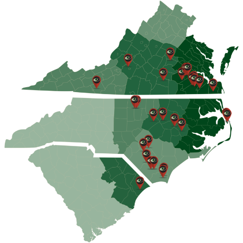 Map of VA, NC, SC showing locations
