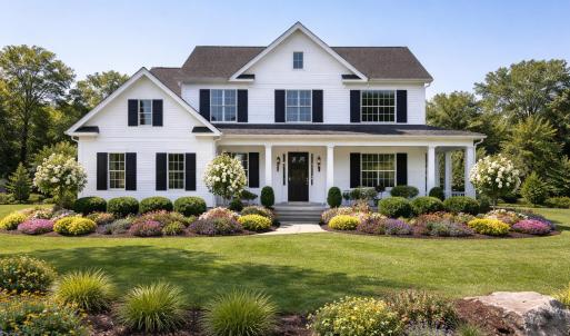 Charming white farmhouse with vibrant la