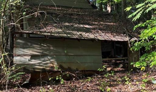 Vintage wood structure surrounded by mature timber—ideal for a full tear-down project or creative rustic renovation.
