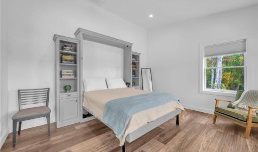 Guest bedroom w/ Murphy bed w/ built in cabinet and display shelves