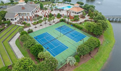Aerial view of a large body of water and a pool