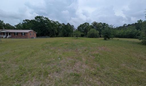 View of yard with fence, a view of trees, and a ru