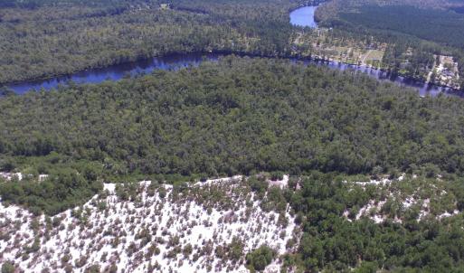 Bird's eye view of a heavily wooded area and a lar