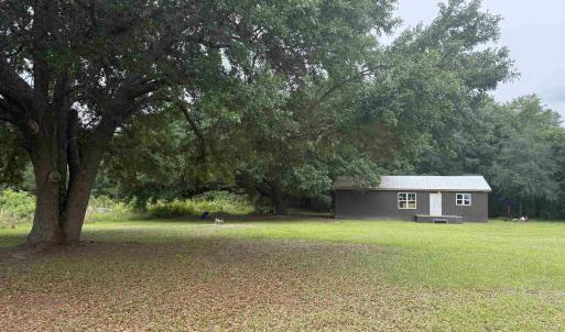 View of green lawn featuring an outbuilding
