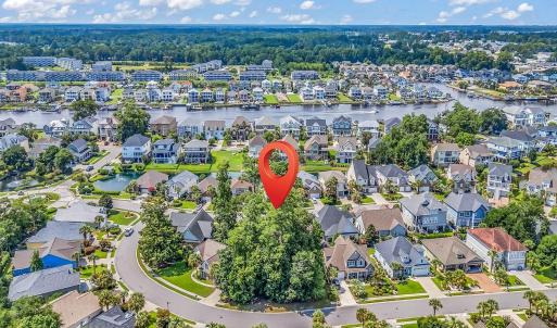 Aerial perspective of suburban area with a large b