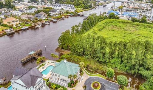 Aerial view of a nearby body of water and a notabl