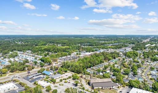 Aerial perspective of suburban area with a forest