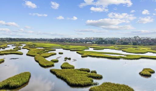 View of urban area with a large body of water