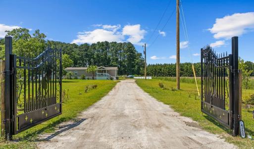 View of dirt / gravel driveway featuring a gate an