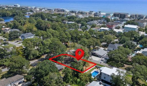 Aerial view of residential area with property boun