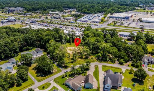 Aerial perspective of suburban area with a tree fi