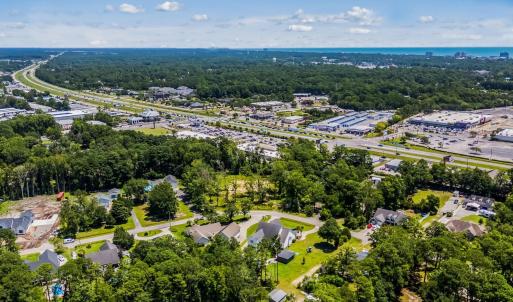 Aerial view of residential area with a tree filled