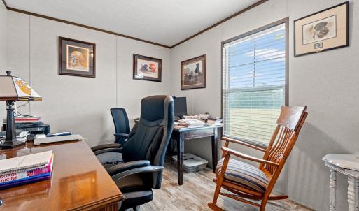 Office space with ornamental molding, light wood-s