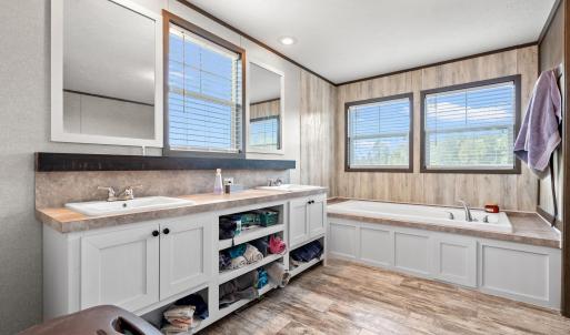 Full bathroom with a bath, double vanity, light wo