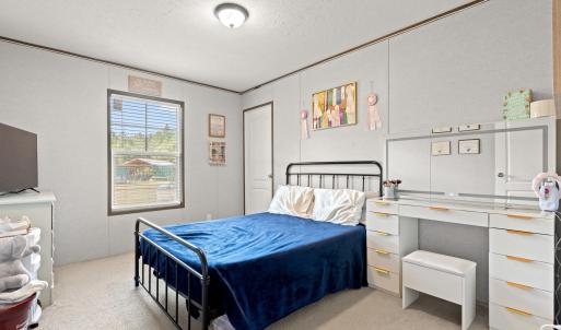 Bedroom with light colored carpet, a textured ceil