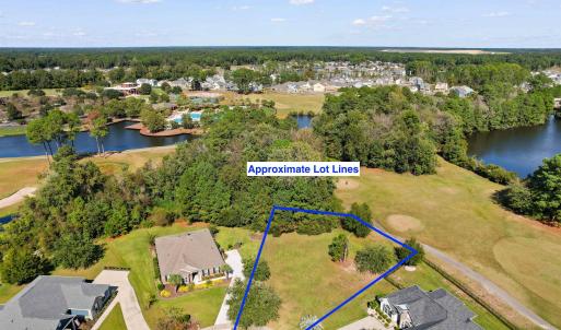 Aerial view of residential area with a large body