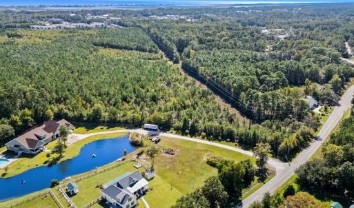 Aerial view of a nearby body of water and a forest
