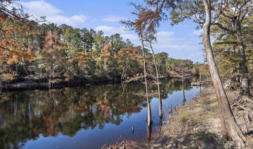 Water view with a heavily wooded area