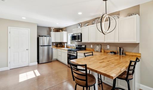 Kitchen with white cabinets, stainless steel appli