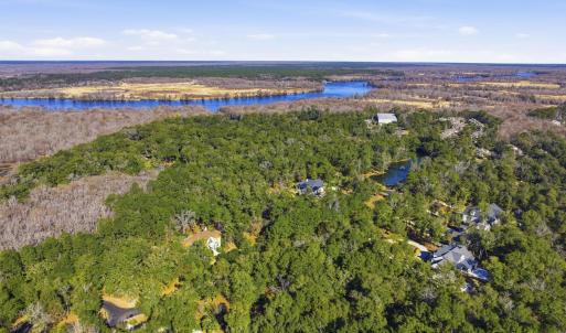 Drone / aerial view of a heavily wooded area and a