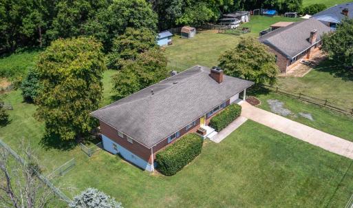 Aerial view of the front of the house and yard