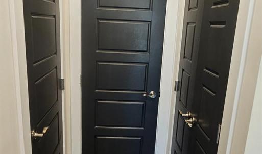 door to right is laundry closet w/ stacked washer/dryer included , door straight ahead is a half bath w/ granite countertop .The door to the left is a pantry closet