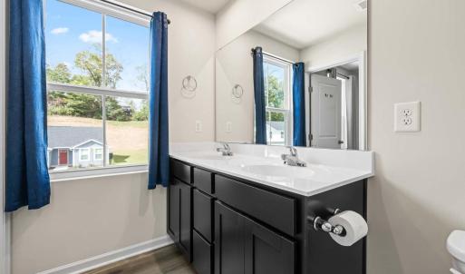 Primary suite bath double vanity, espresso cabinetry