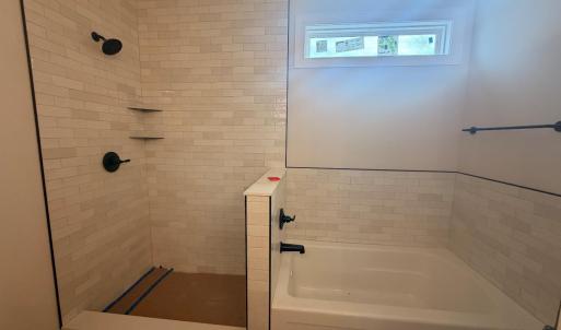 primary bathroom with double vanity sinks, tub and tile shower.