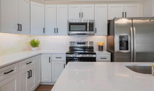 Custom kitchen with quartz counters, tile backsplash, all stainless applicants includes. Finishes may not be exact, but will be similar.