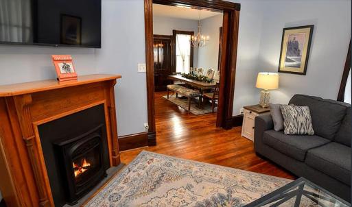 Living Room, Gas Fireplace with original mantle.