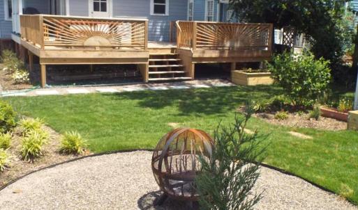 Beautifully designed Backyard, A spacious deck for entertaining plus a firepit