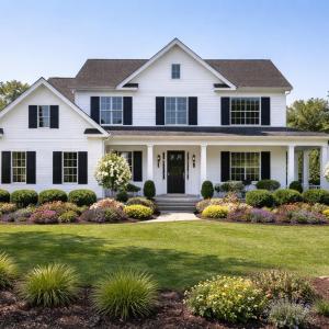 Charming white farmhouse with vibrant la