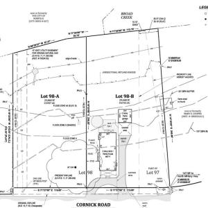 July 2026 survey depicts recent subdivision and lot sizes for Lot 98-A (5715) and Lot 98-B (5711; oak tree and round platform help estimate boundary.