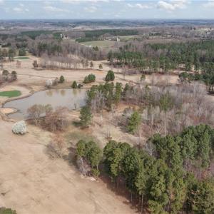 Overhead view showing the vacant land and lake.