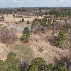 Overhead view showing the vacant land and lake.