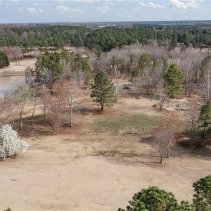 Overhead view showing the vacant land and lake.