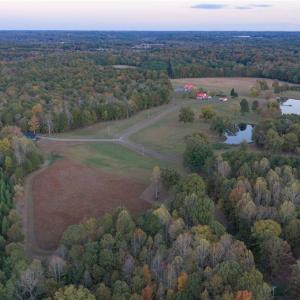 Aerial shot of open pasture land, 3 stocked pond, private driveway, wooded areas, and guest house seclusion from the main farm house.