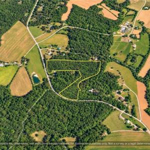 Private Wooded Acreage Near Saxapahaw NC. Aerial of the approximate parcel lines on the paved road, surrounded by woods and farmland in a quiet part of Orange County, NC, minutes from Saxapahaw.