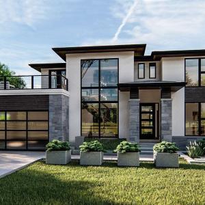 Contemporary house featuring a front yard and a ba