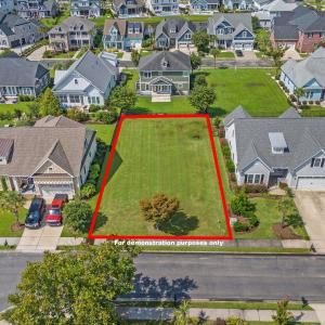 Aerial view of residential area with property boun