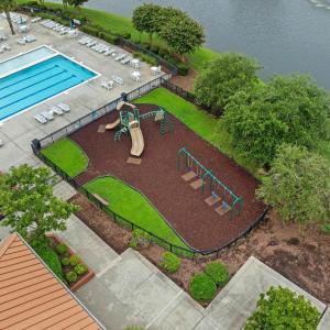 Drone / aerial view of a large body of water and a