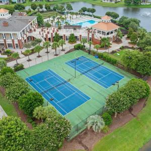 Aerial view of a large body of water and a pool