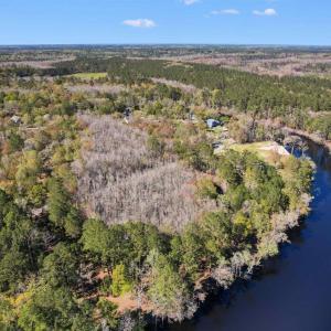 Bird's eye view with a water view and a view of tr
