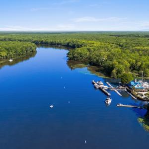 Birds eye view of property with a forest view and