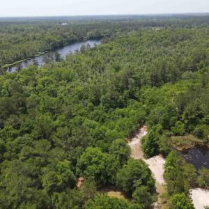 Drone / aerial view of a heavily wooded area and a