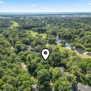 Drone / aerial view of a large body of water and a