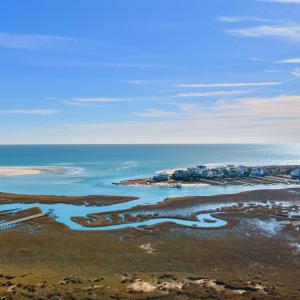 Aerial view of a nearby body of water