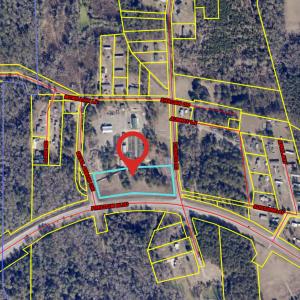 Aerial map of property and surrounding area featur