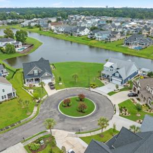 Aerial view of residential area featuring a large