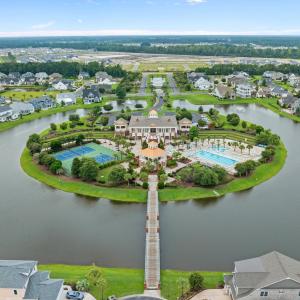 Aerial perspective of suburban area with a large b